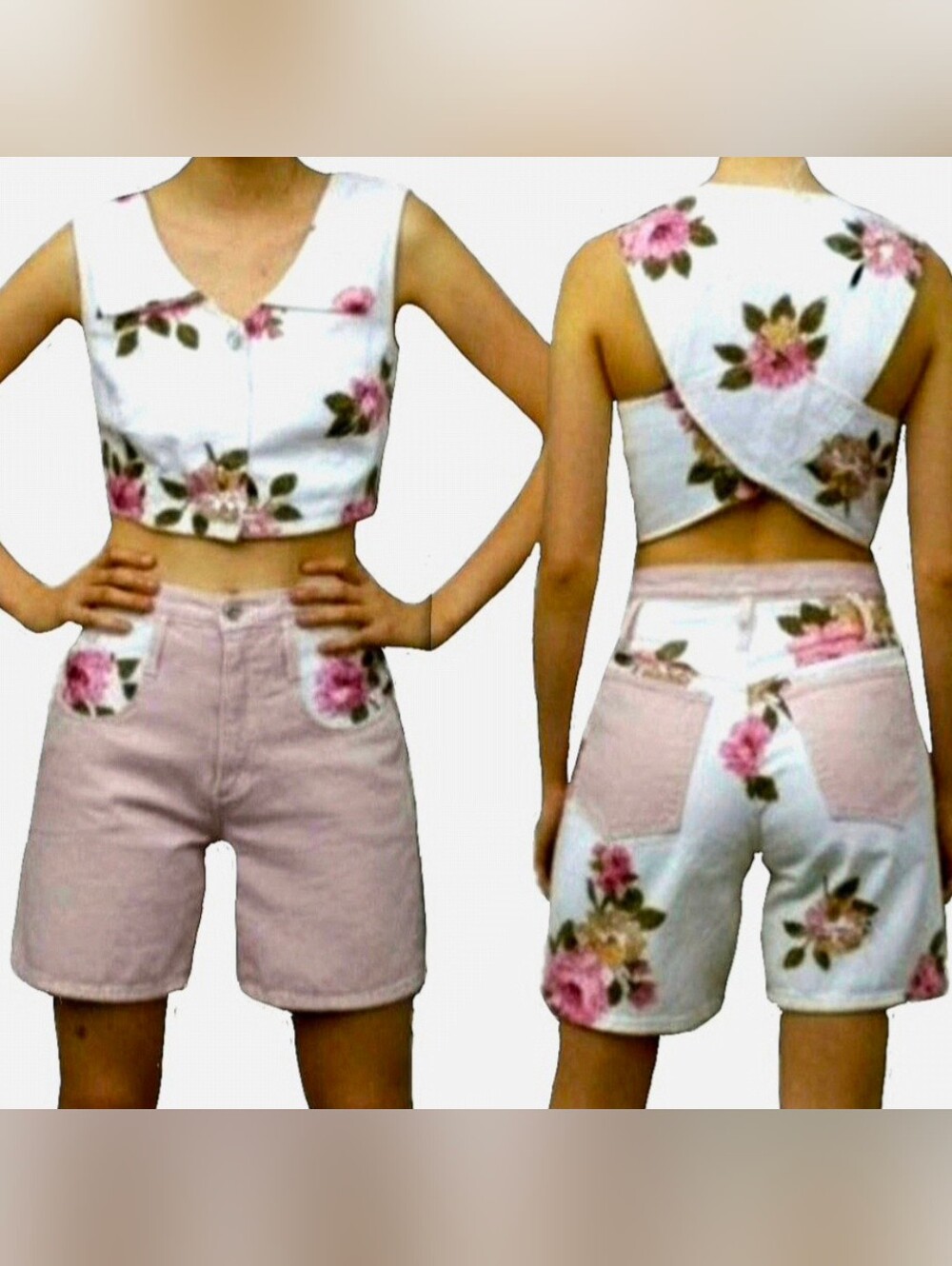 Vtg 90s CA concepts white pink floral denim bustier high waist jean short set M
